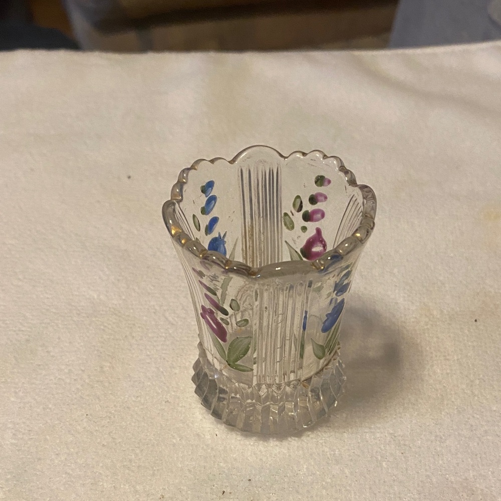 EAPG clear glass with hand painted toothpick holder 2 1/2 inches
